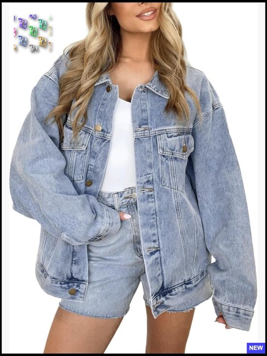 Jackets & Blazers - Oversized Denim Trucker Jacket Long Sleeve Button Down Shacket Casual Fall Coat